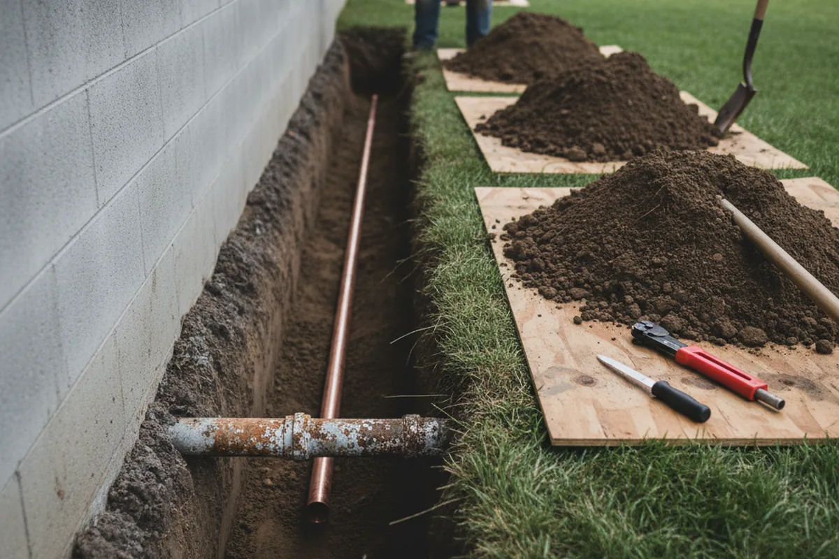 Excavated water line trench during Water Softener Installation in Rex